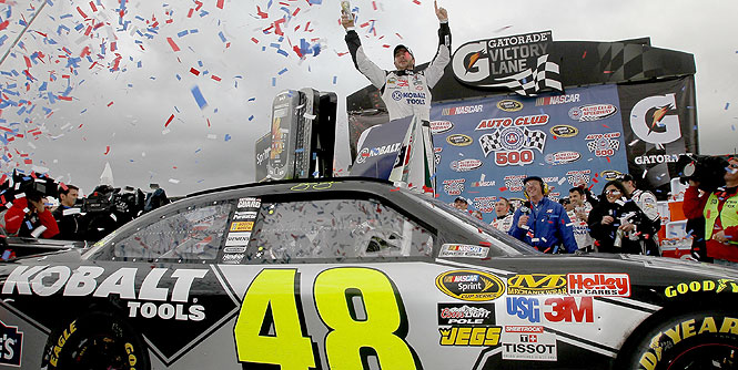 Jimmie Johnson celebrates his Auto Club 500 victory